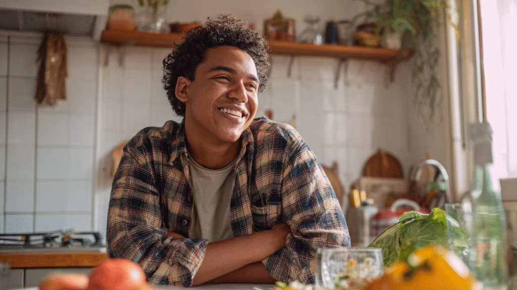 personne heureuse dans sa cuisine